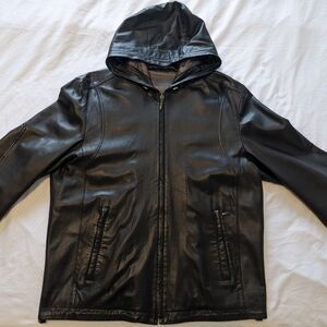 Men's Black Hooded Leather Bomber Jacket